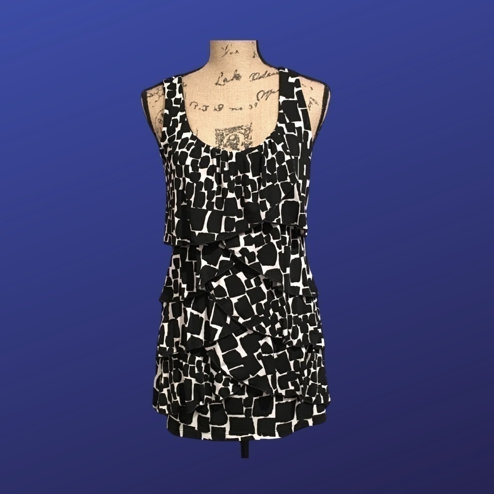 WHITE HOUSE BLACK MARKET Sleeveless Ruffled Tier Top, BLACK/WHITE, Size S, NWOT